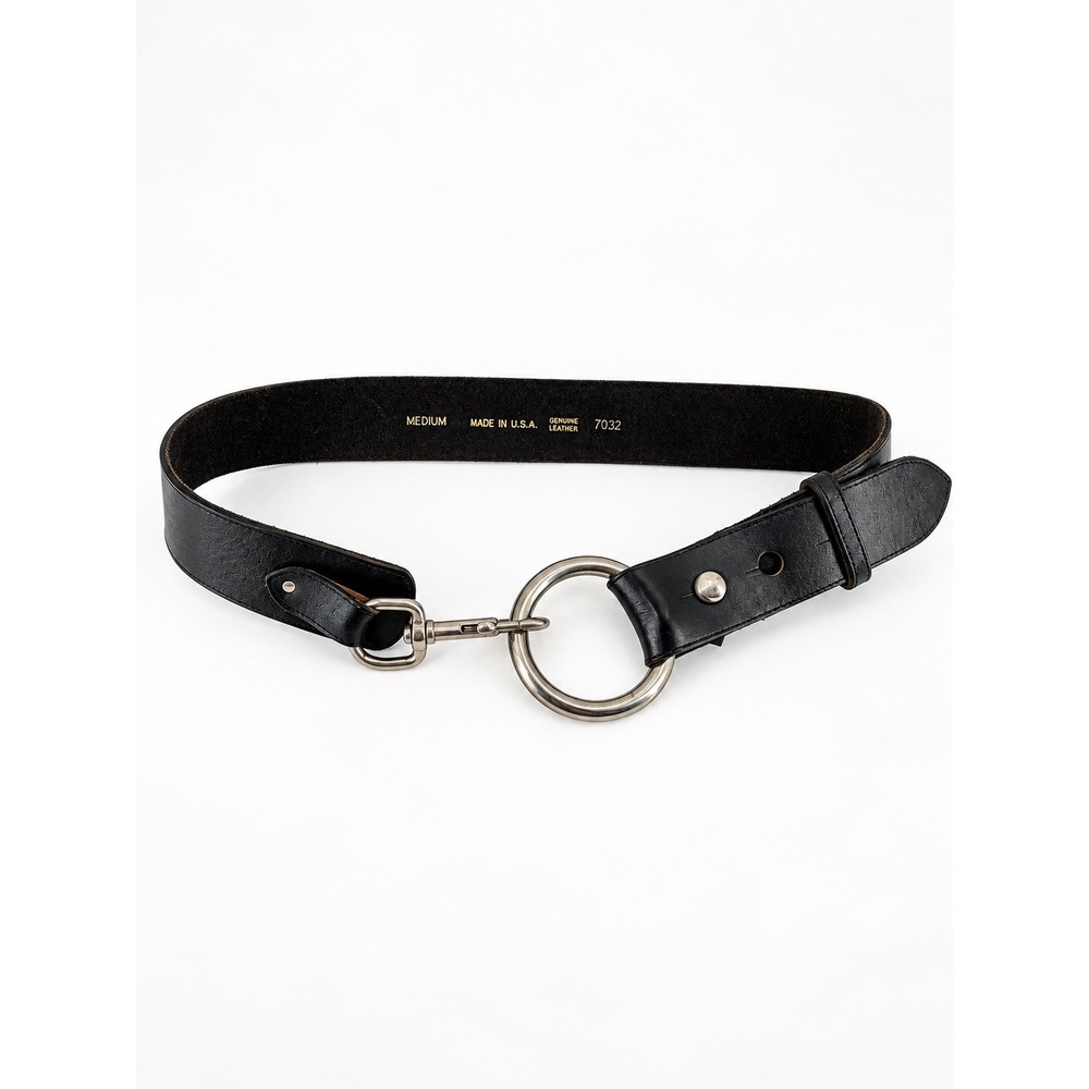 Vintage O-Ring Hook Belt Womens Medium Black Genuine Leather Statement Grunge